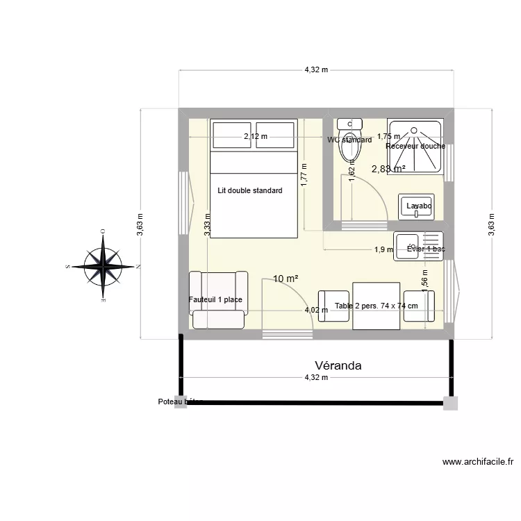 Studio gardien V6. Plan de 2 et 13 m² Studio gardien V6. Plan de 2 et 13 m²