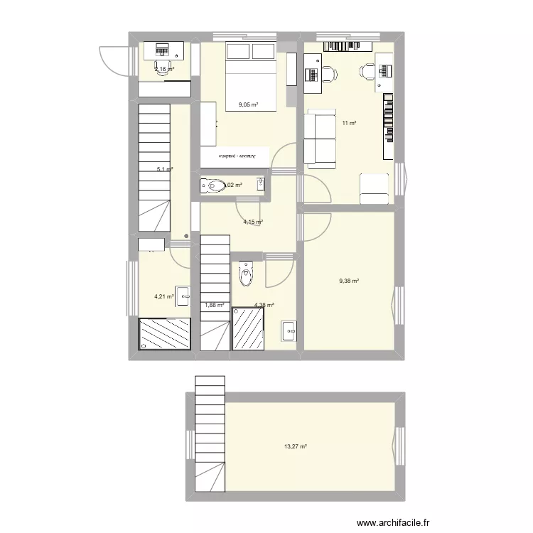 Etage - changement d'escalier. Plan de 11 et 66 m² Etage - changement d'escalier. Plan de 11 et 66 m²