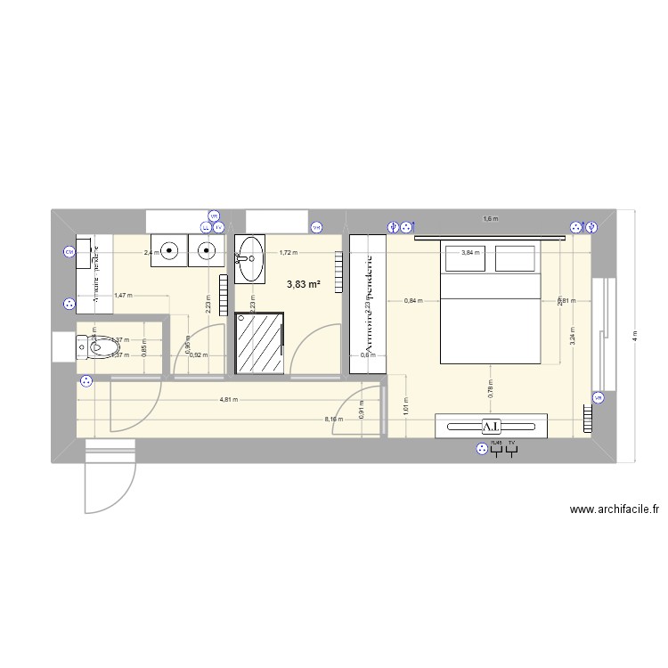 plan mur. Plan de 2 pièces et 25 m2