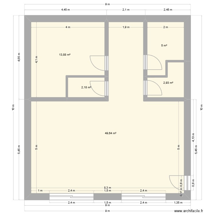 RDC 2D. Plan de 5 pièces et 74 m2