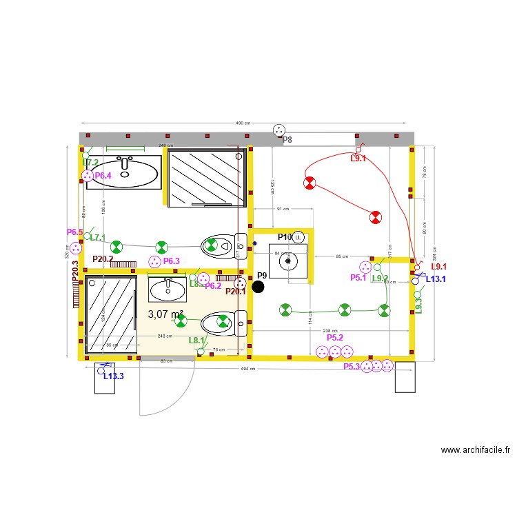 Plan placo SdB entree. Plan de 1 pièce et 3 m2