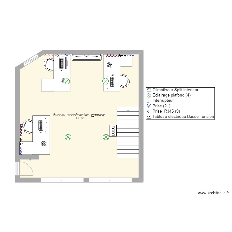 secretariat gymnase. Plan de 1 pièce et 49 m2