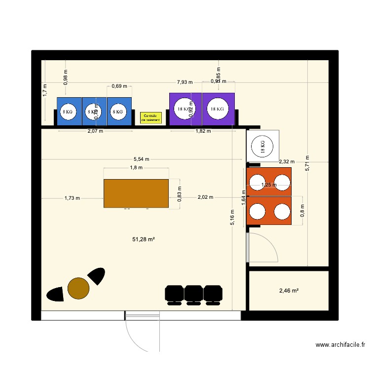 Laverie LMCC - Carrefour Caudéran. Plan de 2 pièces et 54 m2