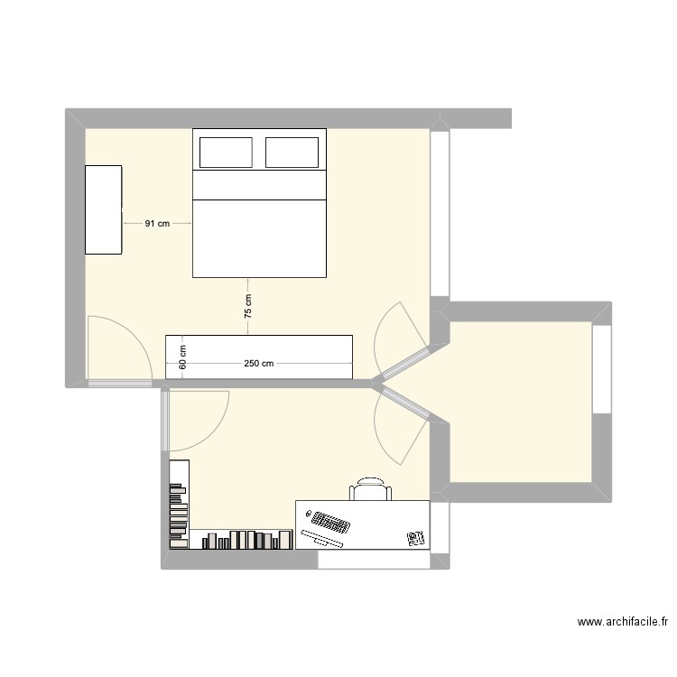 Lartigue 102 Chambres 1 et 2 V2. Plan de 3 pièces et 27 m2