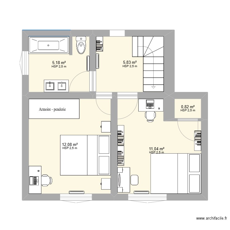 Napollon 1er. Plan de 5 pièces et 35 m2