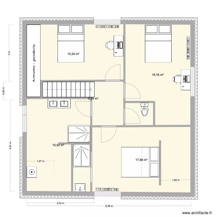 2e &eacute;tage &agrave; trois colocs. Plan de 