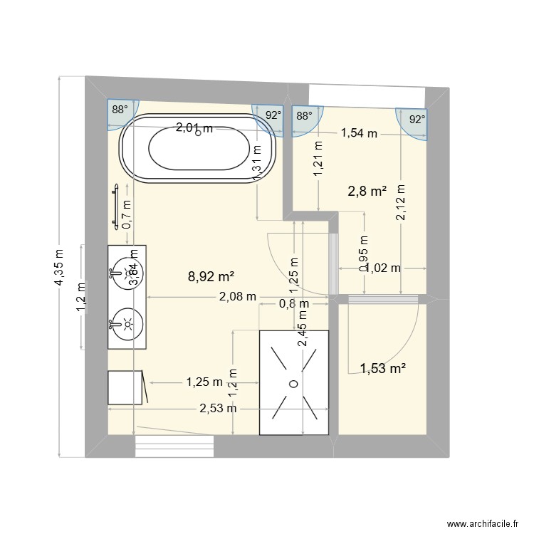 sdb. Plan de 3 pièces et 13 m2