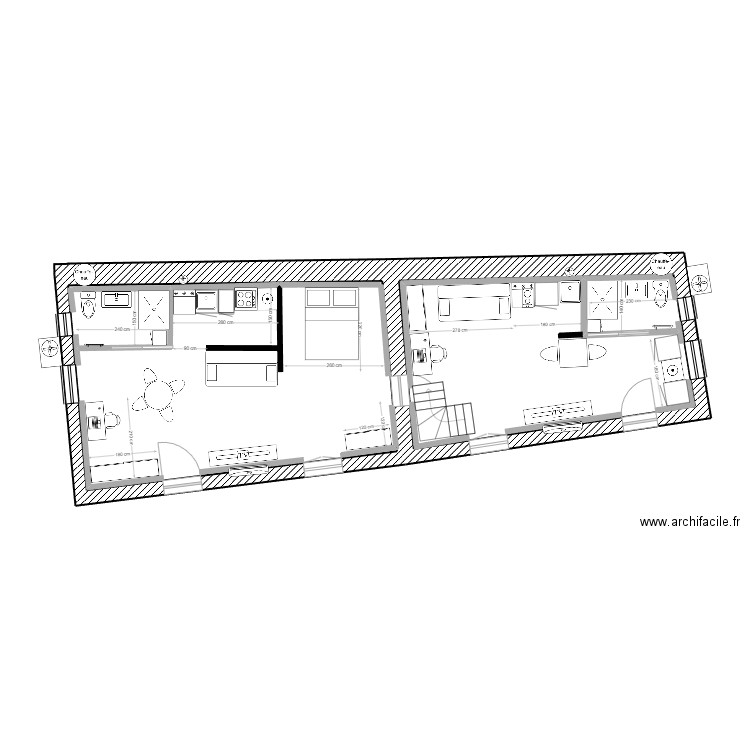 PLAN DU T2 avec mezzanine et cotations. Plan de 2 pièces et 69 m2
