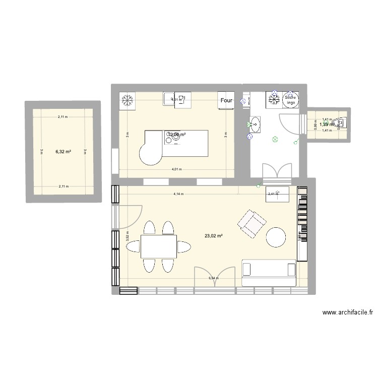 Maison de St Laurent - Falaise RDC. Plan de 4 pièces et 43 m2