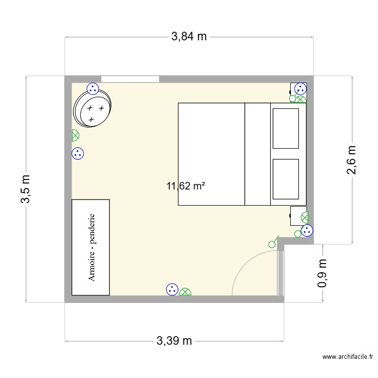 quarto direito. Plan de 1 pièce et 12 m2