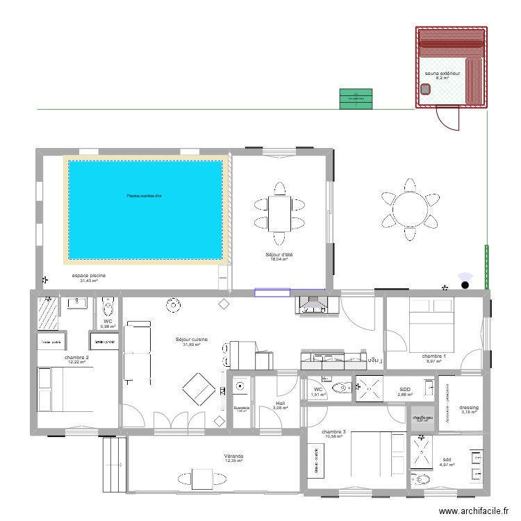 projet 4 ECO bis + traversant  Allemagne et piscine. Plan de 16 pièces et 148 m2