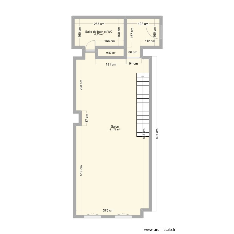 Rdc. Plan de 3 pièces et 47 m2