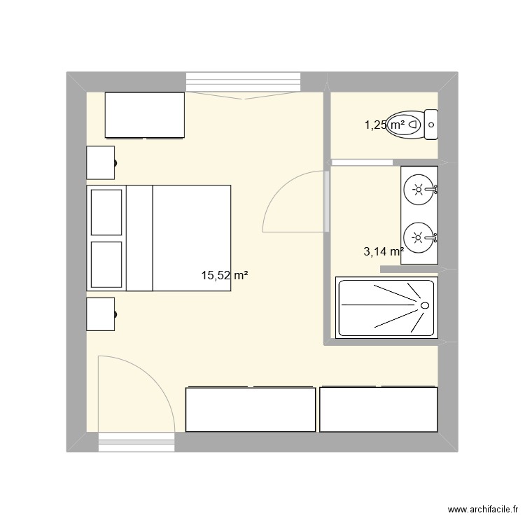 Chambre Rose 3. Plan de 3 pièces et 20 m2