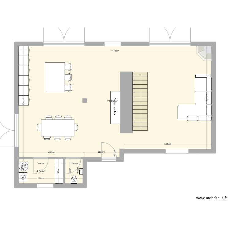 RDC après. Plan de 2 pièces et 82 m2