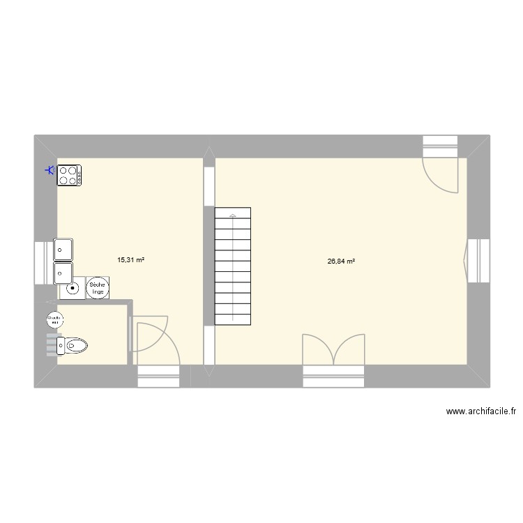cuisine. Plan de 2 pièces et 42 m2