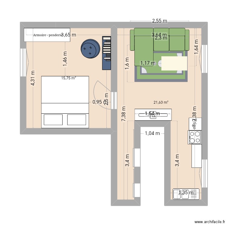 Home. Plan de 2 pièces et 37 m2