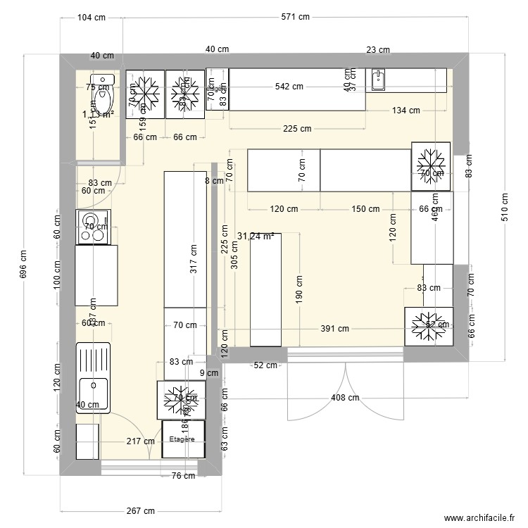 9 gourmand. Plan de 2 pièces et 32 m2