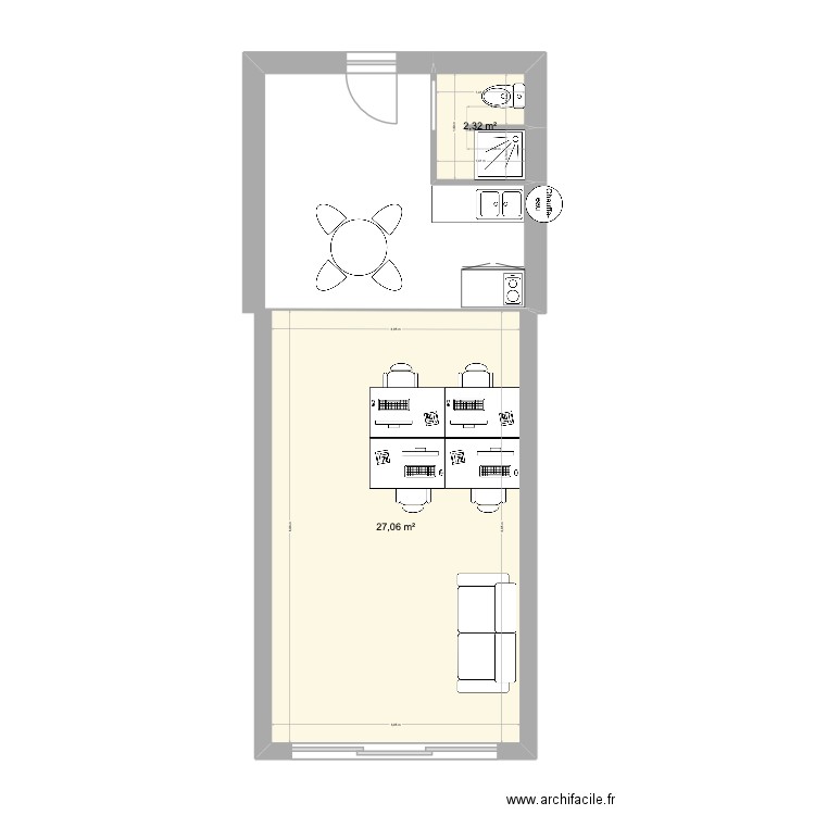 Atelier. Plan de 2 pièces et 29 m2