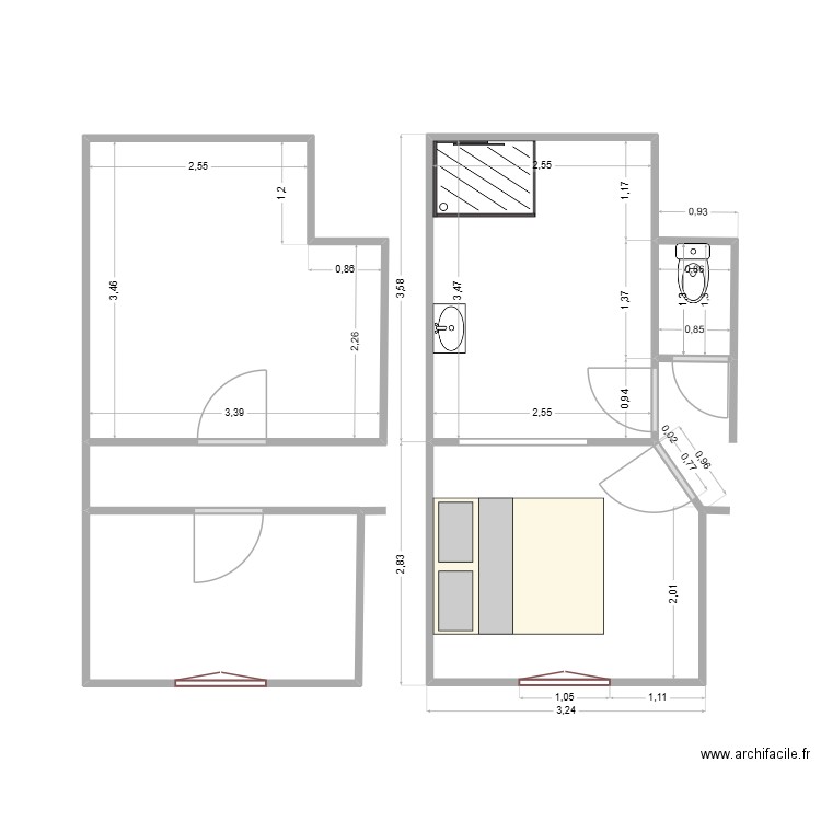 Studio. Plan de 3 pièces et 21 m2