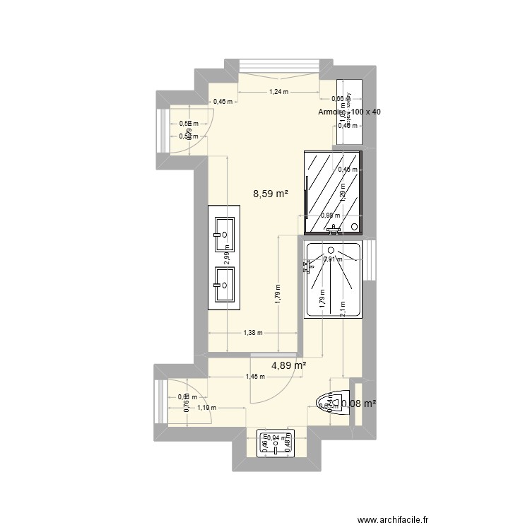 SALLES DE DOUCHE. Plan de 3 pièces et 14 m2