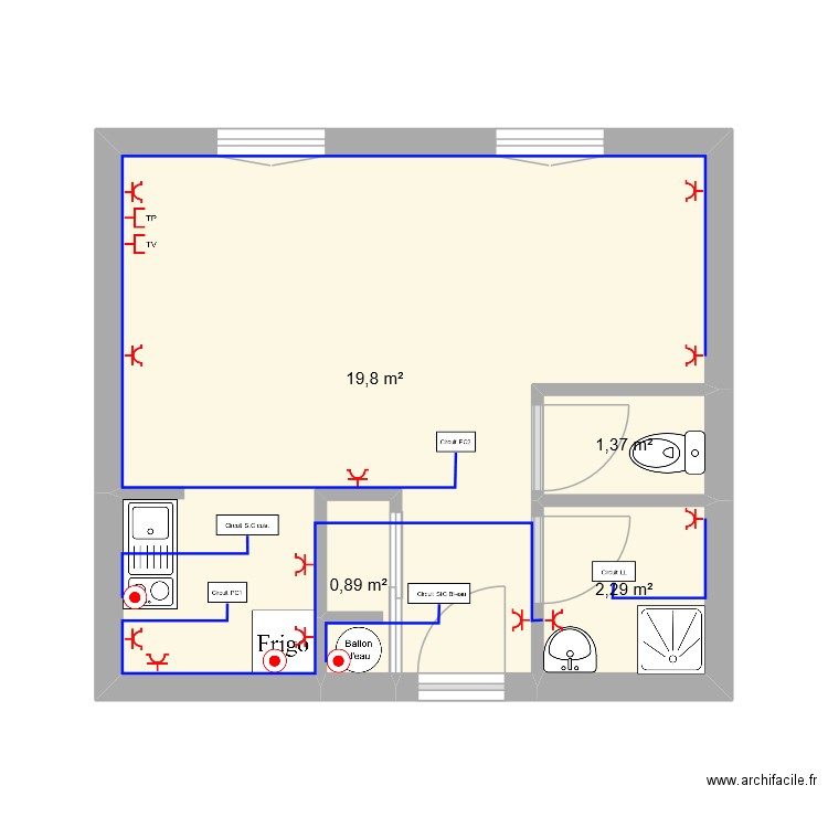 prise. Plan de 4 pièces et 24 m2