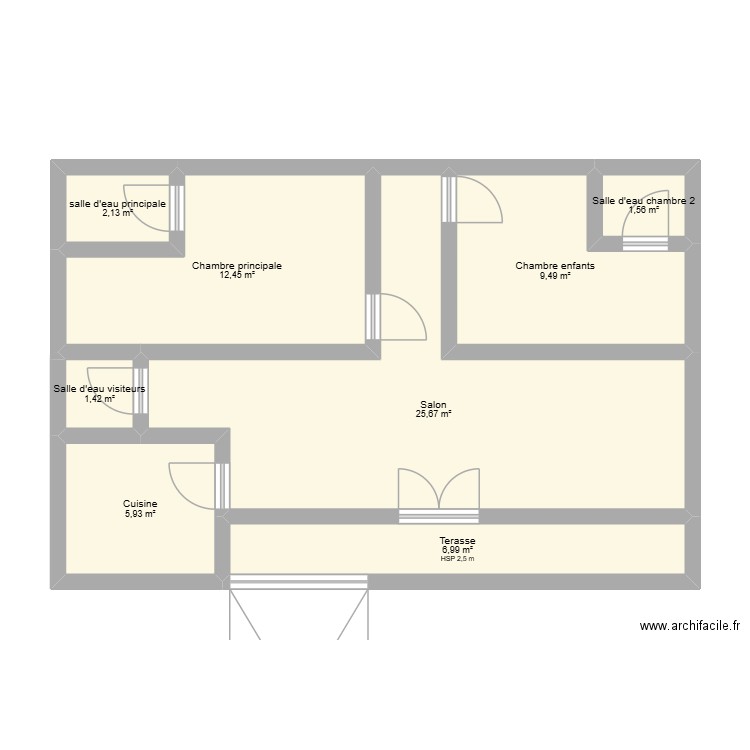 2 CH salon 3T Divo. Plan de 8 pièces et 66 m2