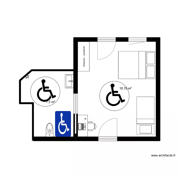 LAC chambre pmr. Plan de 7  et 52 m²