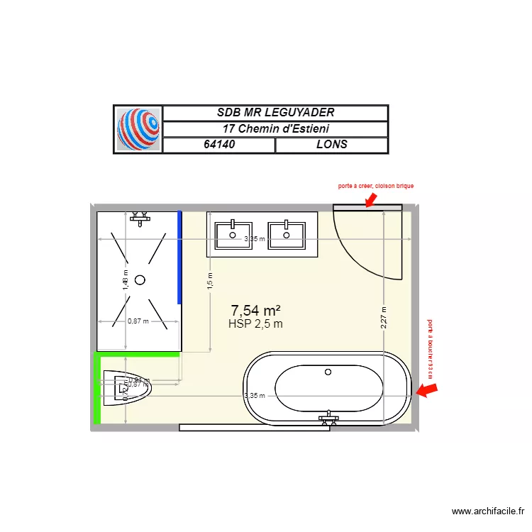 SDB LEGUYADER. Plan de 1  et 8 m²