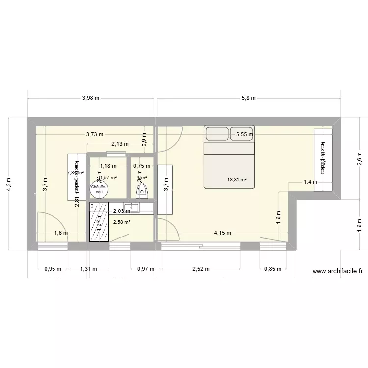 Rez de chaussée Genêts v1 avec mur existant. Plan de 5 Pièces et 31 m² Rez de chaussée Genêts v1 avec mur existant. Plan de 5 Pièces et 31 m²