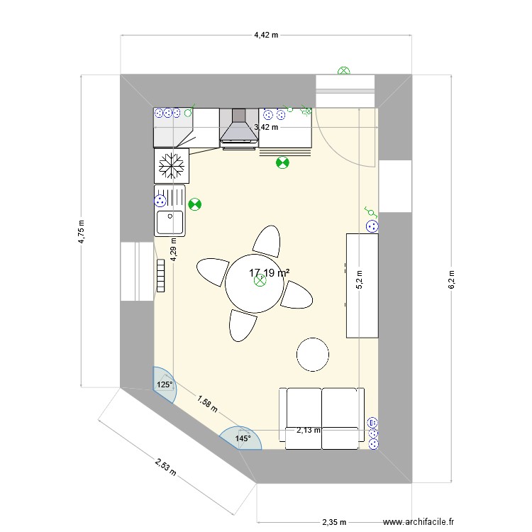 cuisine amelia  n°02. Plan de 1 pièce et 17 m2