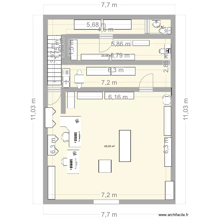 Gisors apr&egrave;s travaux esc. tournant milieu. Plan de 11  et 114 m²