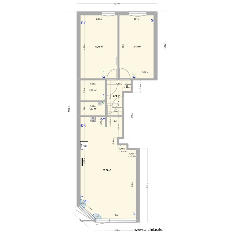Appartement La Panne modifié. Plan de 6 pièces et 63 m2