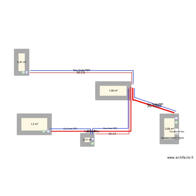 réseau dépendances. Plan de 5 pièces et 4 m2