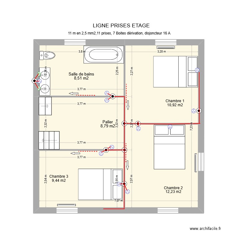 Ligne prises chevets Etage. Plan de 2 pièces et 50 m2