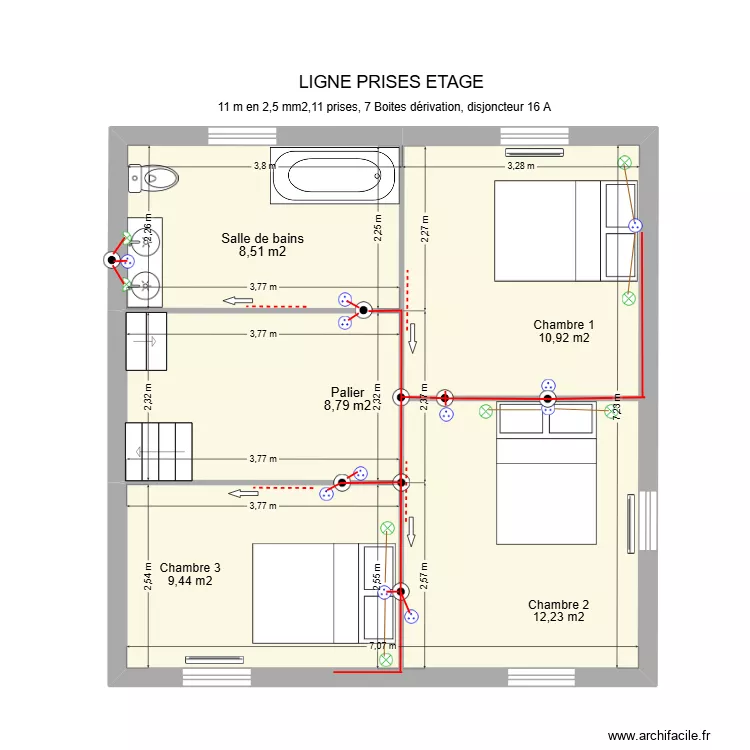 Ligne prises chevets Etage. Plan de 2 pièces et 50 m²