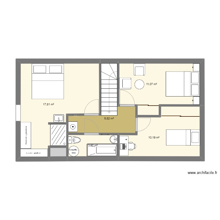 PAM HC etage 25 bain_douche. Plan de 6 pièces et 50 m2