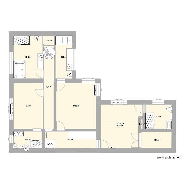 Niveau 1 projet Q. Plan de 12 pièces et 100 m2