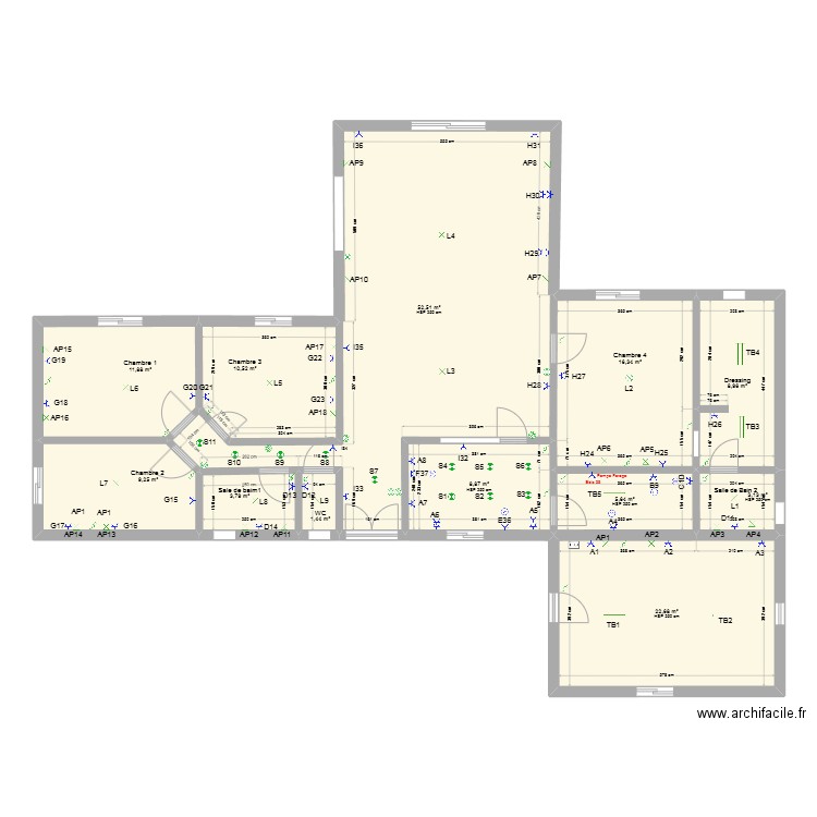 PRISE DE COURANT ET ECLAIRAGE. Plan de 12 pièces et 155 m2