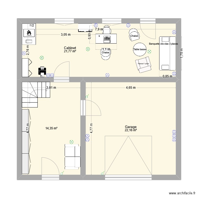 Aménagement rdc. Plan de 3 pièces et 58 m2