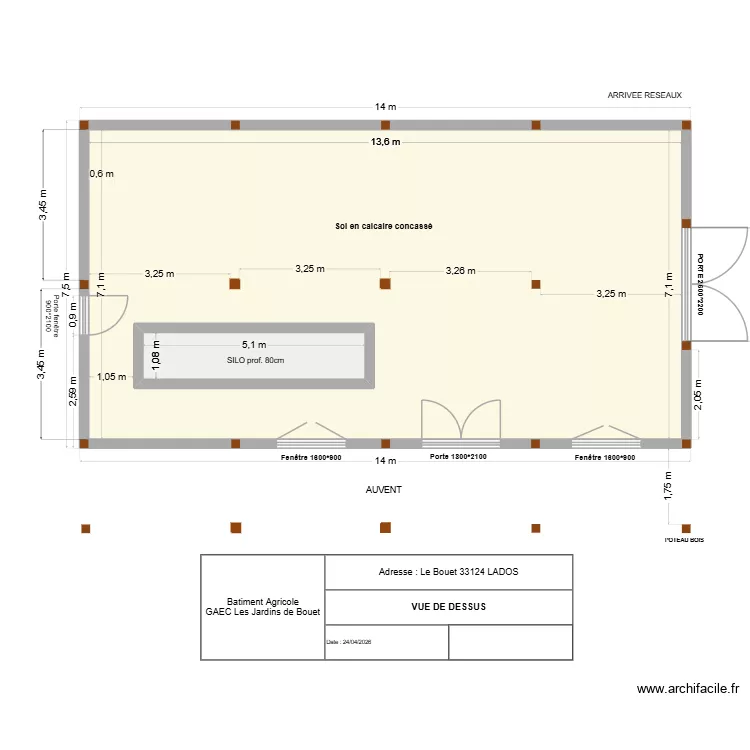 Batiment Agricole JDB Vue DESSUS. Plan de 2  et 102 m²
