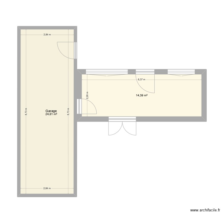 isolation cuisine et garage. Plan de 2 pièces et 39 m2