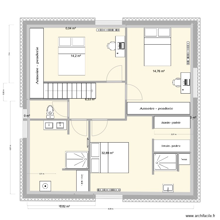 2e étage définitif. Plan de 9 pièces et 68 m2