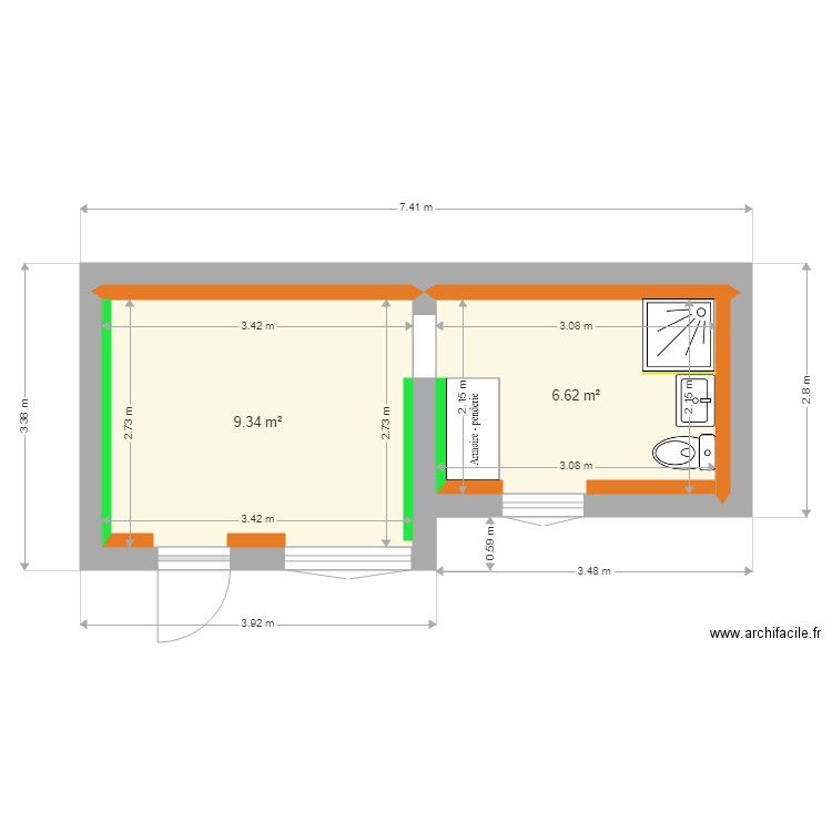 CAC SDB MARGOT. Plan de 2 pièces et 16 m2