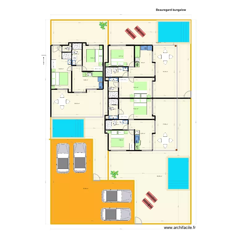 Beauregard bungalow 3x cont. Plan de 22  et 412 m²