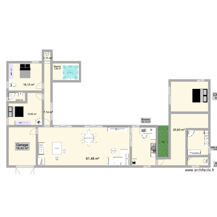 Royaume. Plan de 13 pièces et 199 m2