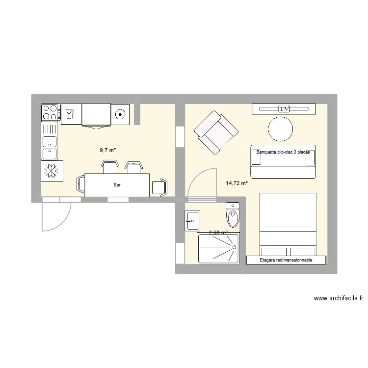 appartement 2 pièces. Plan de 3 pièces et 27 m2