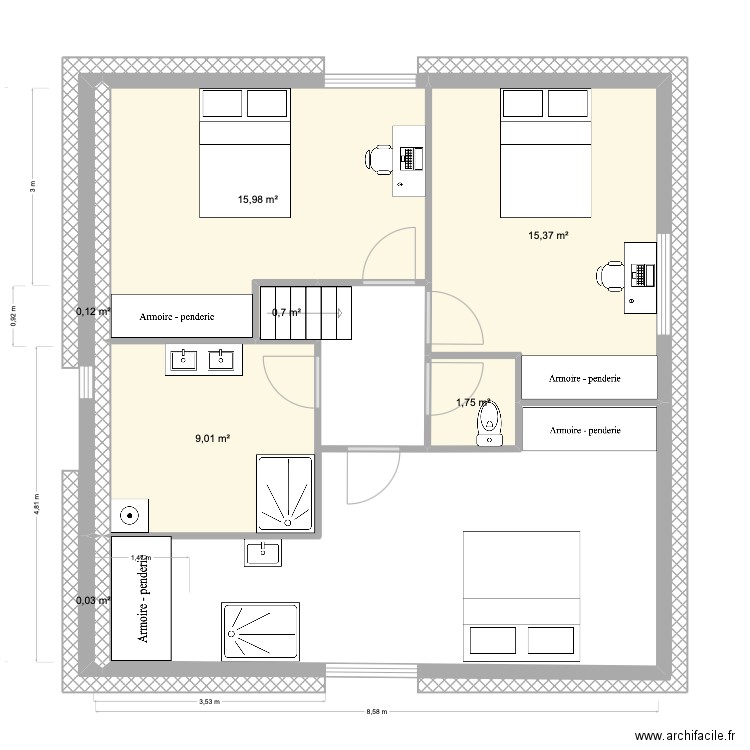 2e étage ter. Plan de 7 pièces et 43 m2