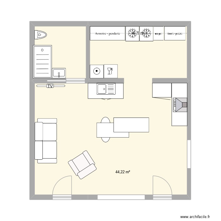 Cuisine. Plan de 1 pièce et 44 m2