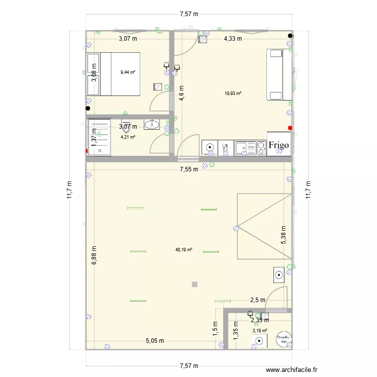 nouv plan + equipement 2 + Lit + elect. Plan de 14  et 212 m²