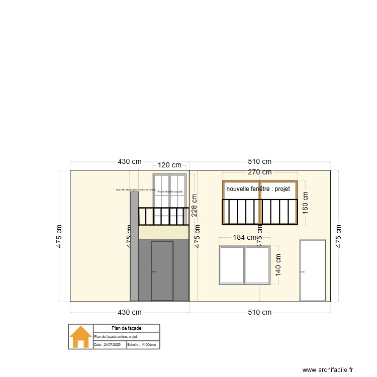 Plan de façade arrière : projet avec dimension fenêtre. Plan de 0 pièce et 0 m2